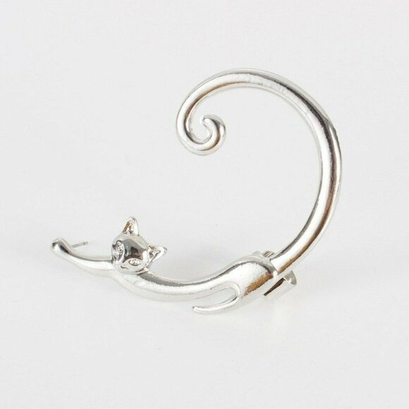 New Silver Cat Kitten Modern Minimalist Ear Cuff Single Pierced Post Earring - Picture 2 of 2